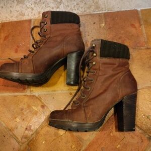 next Brown Lace-Up Block Heel Ankle Boots with Ribbed Collar